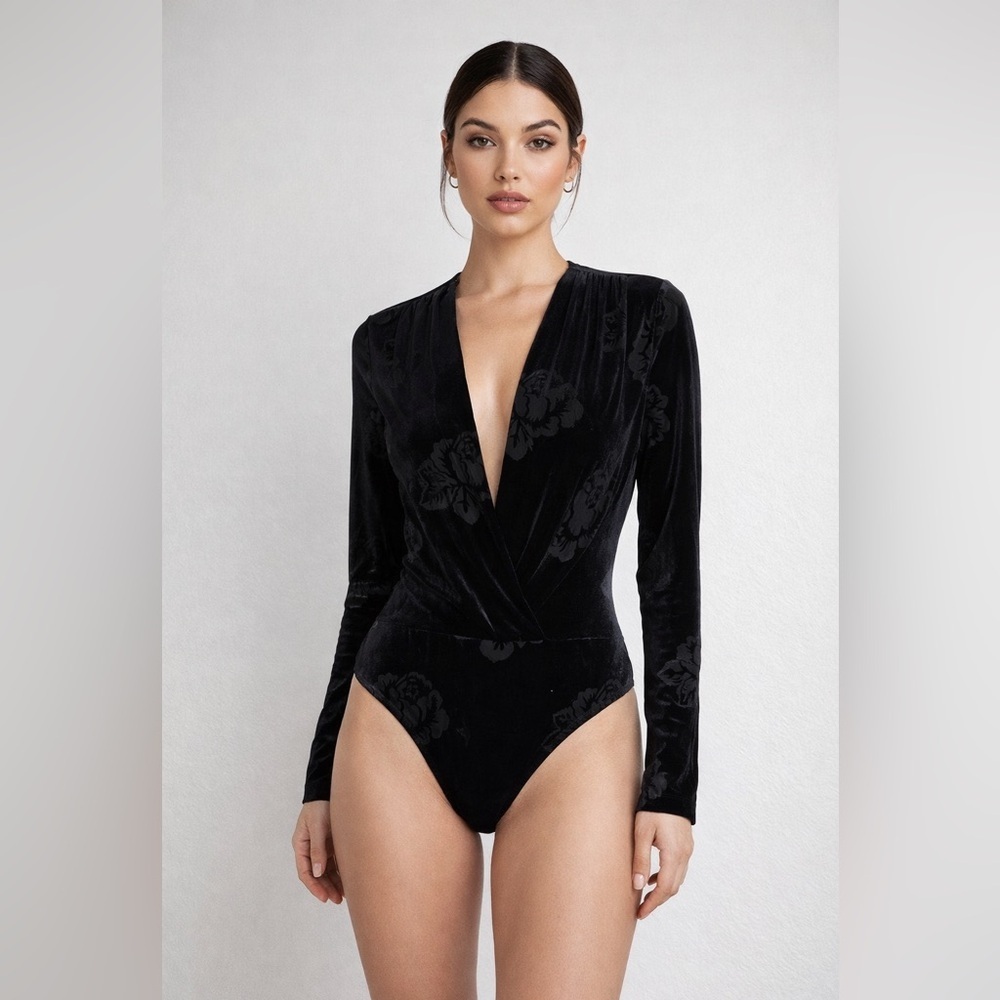 GANNI Velvet Plunge Bodysuit Floral Black 25170